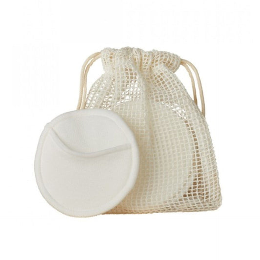 White reusable bamboo cotton pads in a mesh drawstring bag on a white background