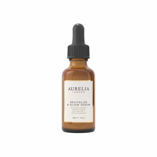 Aurelia London revitalise & glow serum bottle on a white background