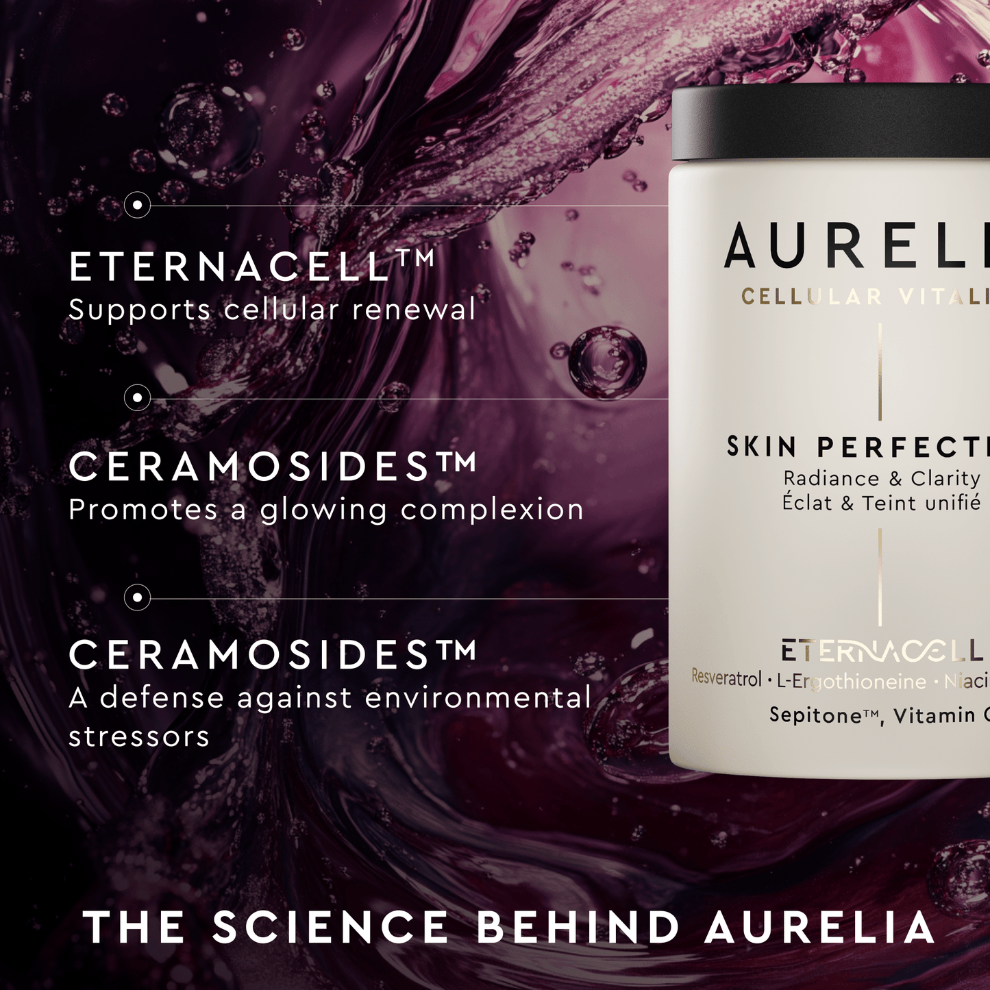 Aurelia skin perfection product with text about its ingredients and benefits on a dark background.