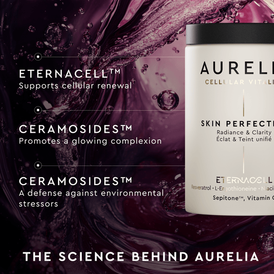 Aurelia skin perfection product with text about its ingredients and benefits on a dark background.