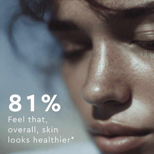 Close-up of a person's face with text about skin health