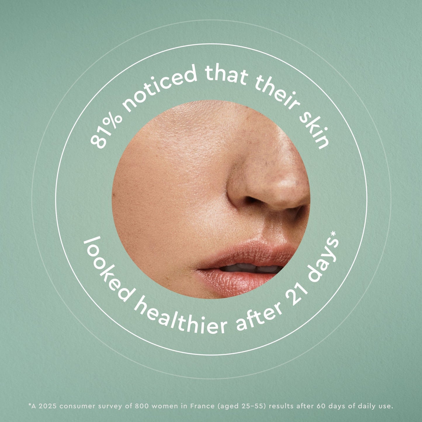 Advertisement showing a close-up of skin with text about skin health improvement after 21 days.