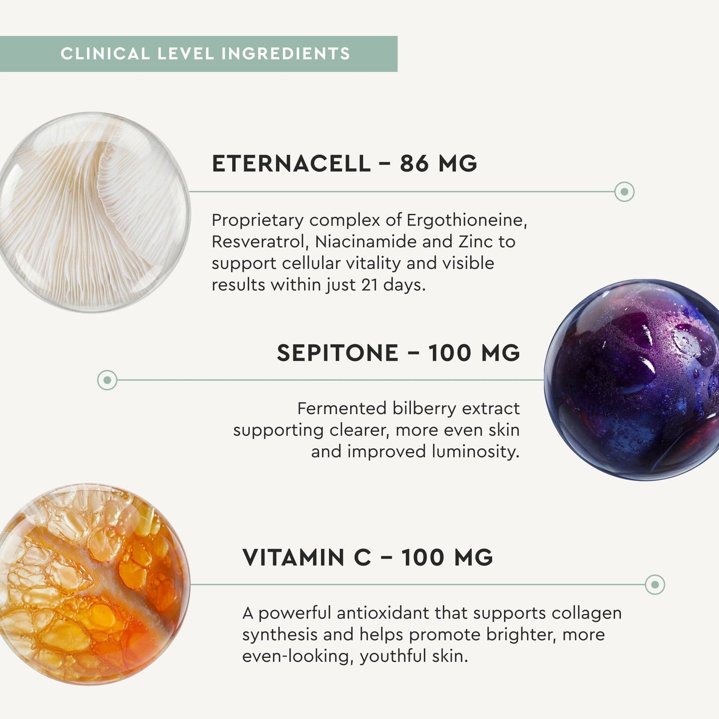 Product packaging with clinical level ingredients including Eternacell, Sepitone, and Vitamin C on a white background.
