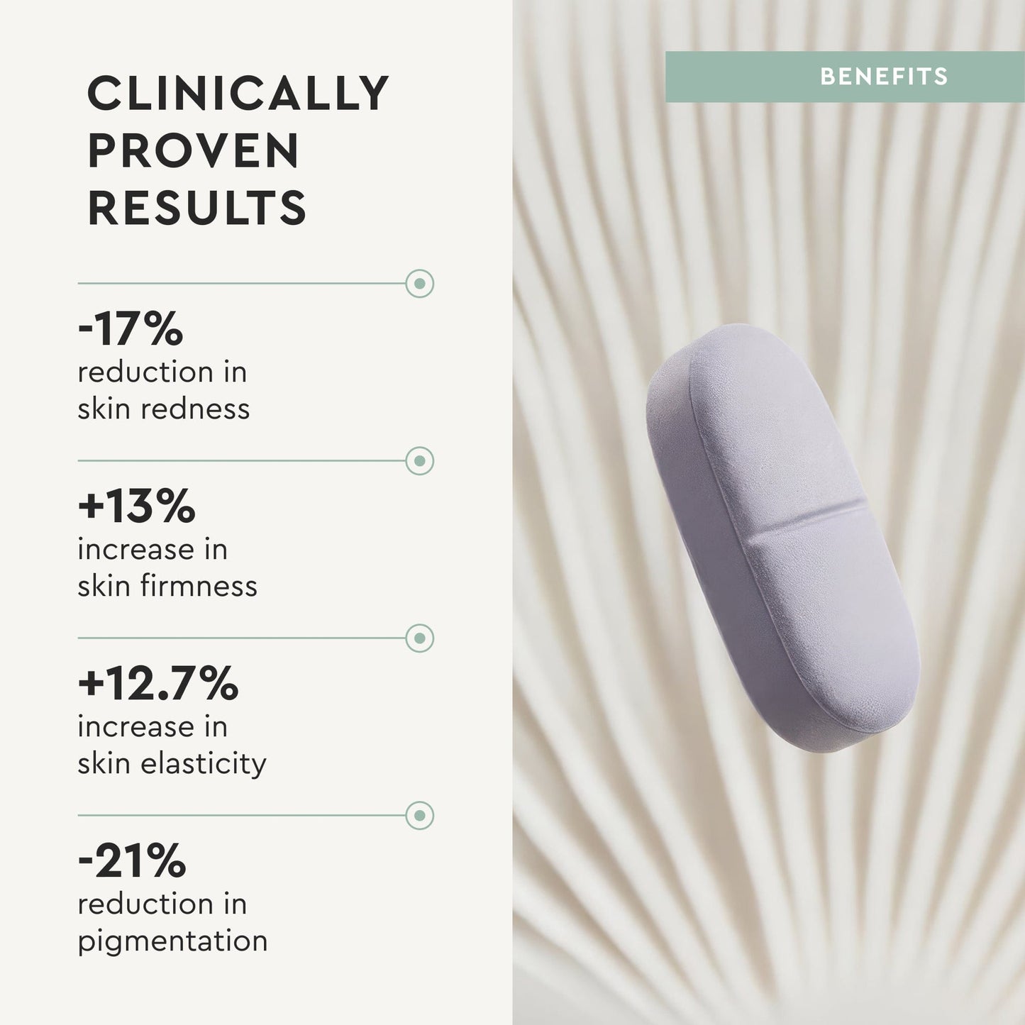 Cosmetic product with clinical benefits listed on a light background
