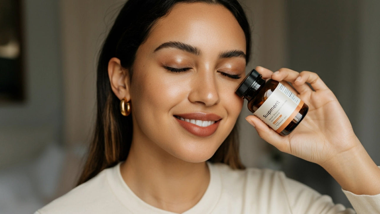 Woman holding a bottle labeled 'Niacinamide' near her eye.