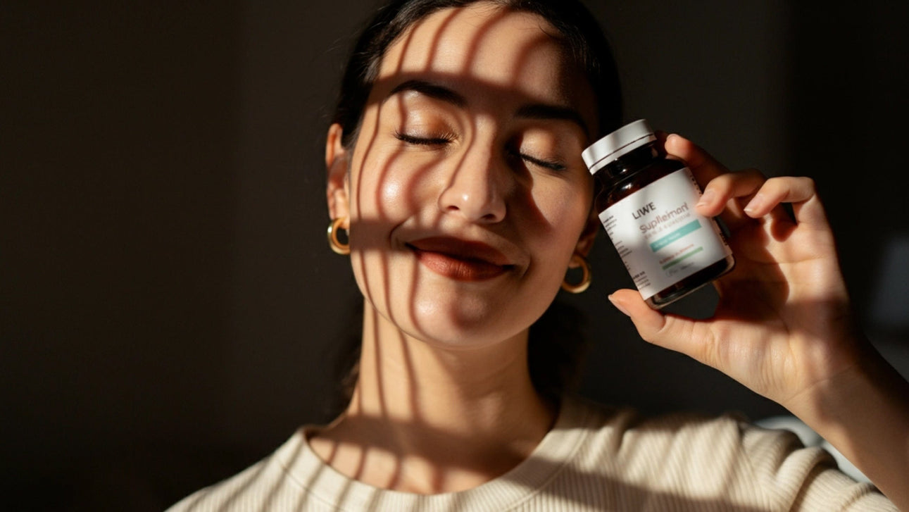 Person holding a supplement bottle with a dark background